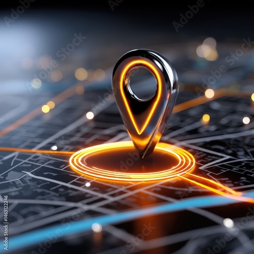 Glowing map pin on digital map grid.