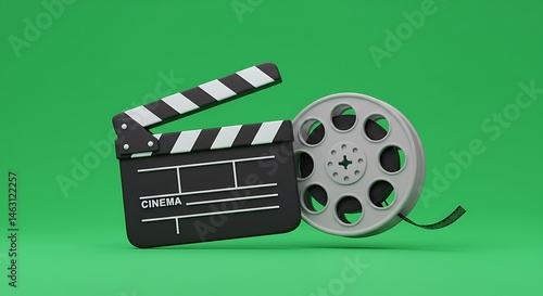 vector cartoon cinema icon with clapperboard and film reel, centered on isolated green screen background
