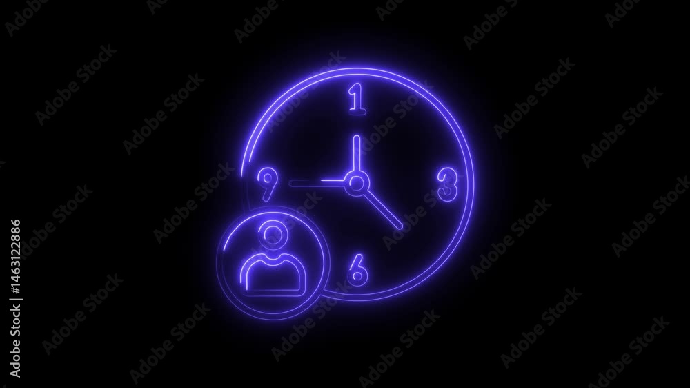 Neon clock icon with user symbol on a black background animation Neon clock icon with user symbol on a black background animation