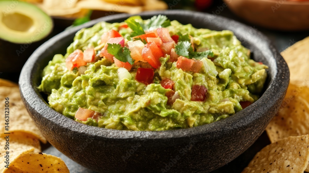Delicious and Fresh Guacamole in a Rustic Stone Bowl with Tortilla Chips Delicious and Fresh Guacamole in a Rustic Stone Bowl with Tortilla Chips