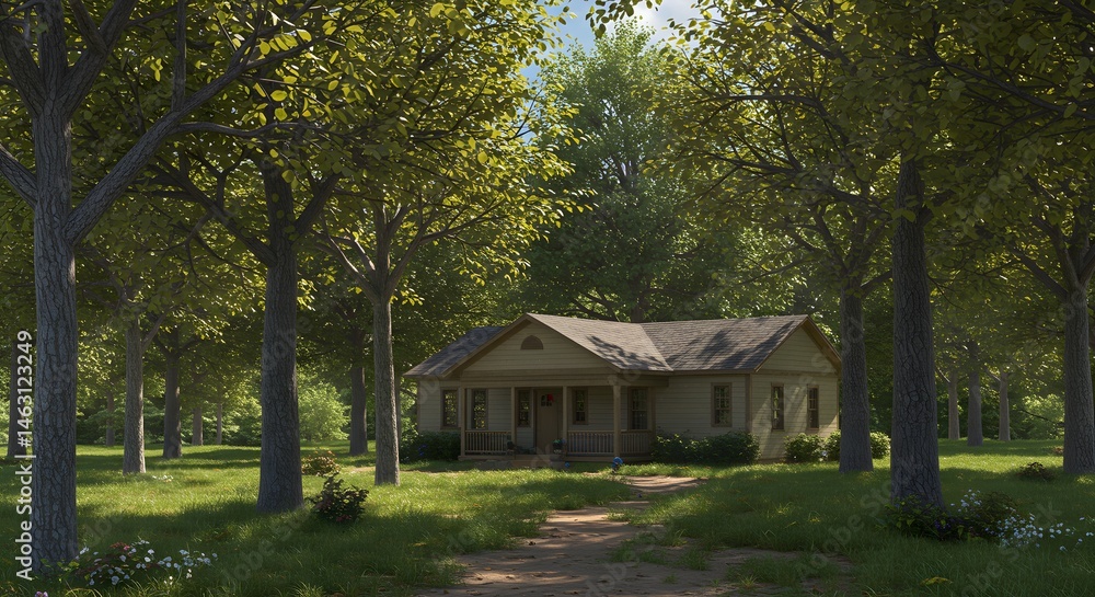 Small House Surrounded by Trees and Greenery in Peaceful Setting Small House Surrounded by Trees and Greenery in Peaceful Setting