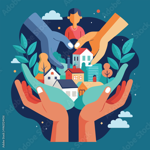 Protecting Our People: Hands carefully cradling a miniature community, symbolizing care