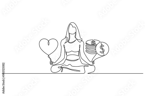 Continuous one line drawing of Woman work life balance icon. Single line drawing Woman work activity. Work life balance concept vector art. Doodle line illustration.