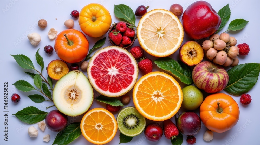 Vibrant Arrangement of Fresh Fruits Including Citrus, Berries, and Seasonal Produce on Display Vibrant Arrangement of Fresh Fruits Including Citrus, Berries, and Seasonal Produce on Display