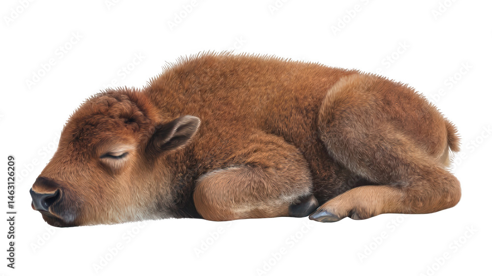 Fototapeta premium Adorable Baby Bison Calf Sleeping Isolated on White Background