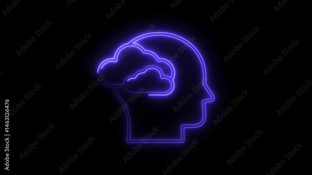 Neon human head with clouds animation represents mental health awareness and overthinking Neon human head with clouds animation represents mental health awareness and overthinking