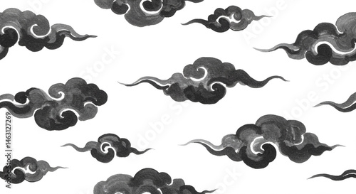 墨絵の和風雲模様・和モダン背景・シームレスパターン