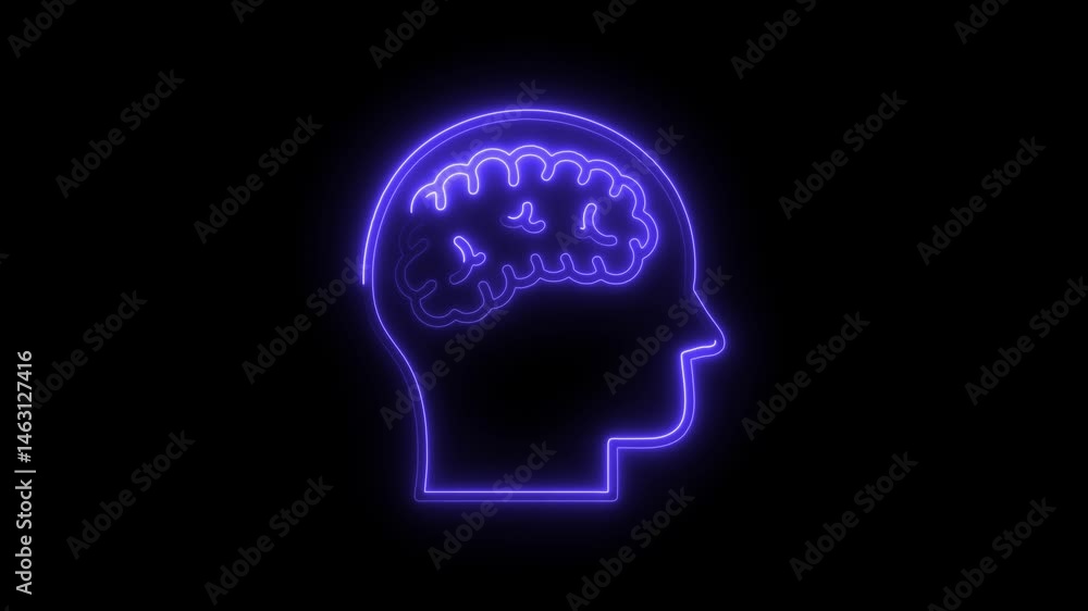 Neon head silhouette with brain scan glowing on a black background Neon head silhouette with brain scan glowing on a black background