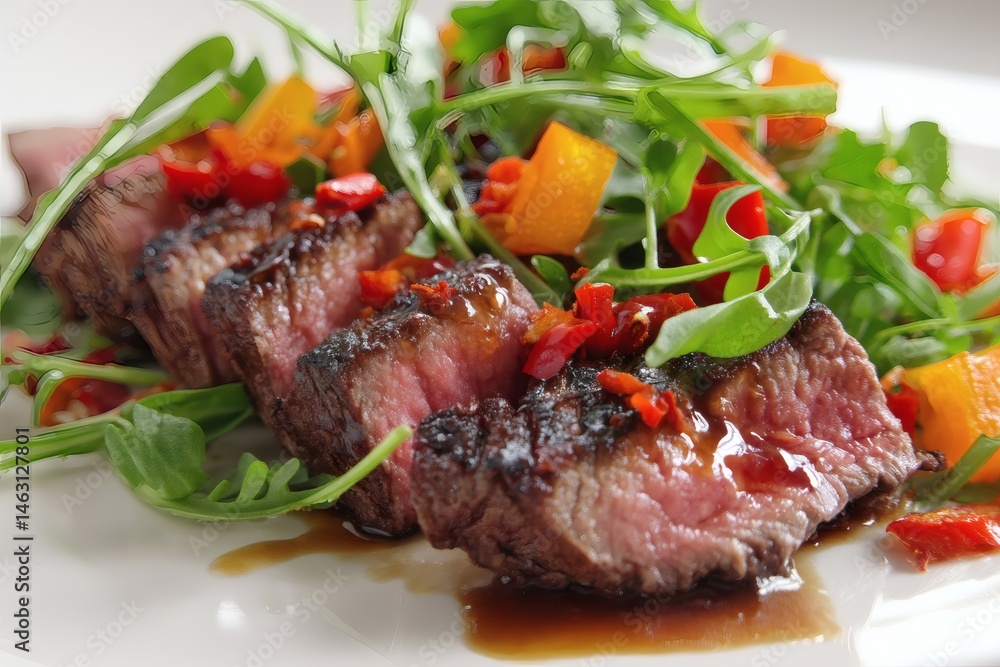 Grilled Beef Slices with Arugula, Bell Peppers, and Glaze on White Plate Grilled Beef Slices with Arugula, Bell Peppers, and Glaze on White Plate