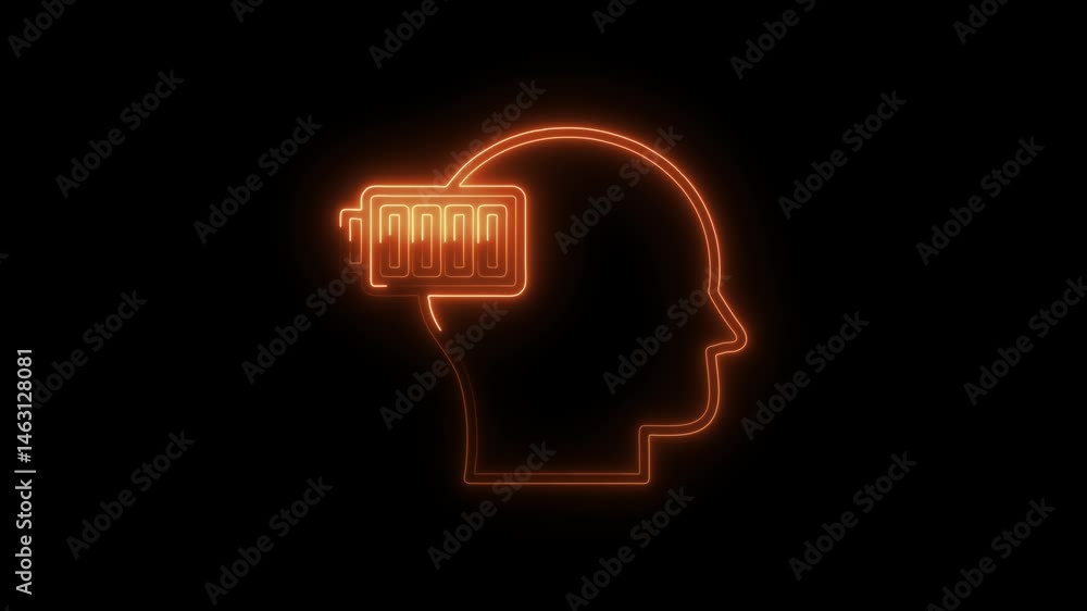 Full battery in mind head symbol glowing orange on black background Full battery in mind head symbol glowing orange on black background