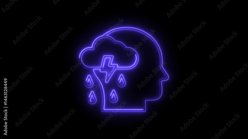 Neon head silhouette depicting mental health issues with cloud and raindrops Neon head silhouette depicting mental health issues with cloud and raindrops