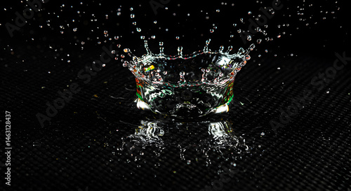 Dramatic Water Crown Splash With Reflection On Black Surface In Studio