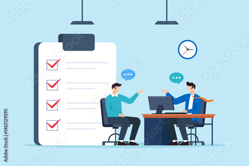 Flat illustration of consultant discussing tasks with client using checklist and desktop computer in office meeting