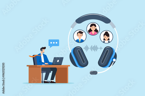 Flat illustration of call center operator assisting clients remotely with headset and laptop in virtual communication support