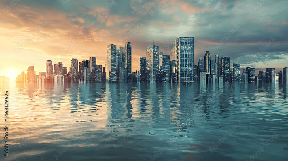 Fototapeta premium Imaginary city half submerged under water, concept of environmental challenges. [Submerged Futures] | Wet Horizon | submerged skyline. Illustration