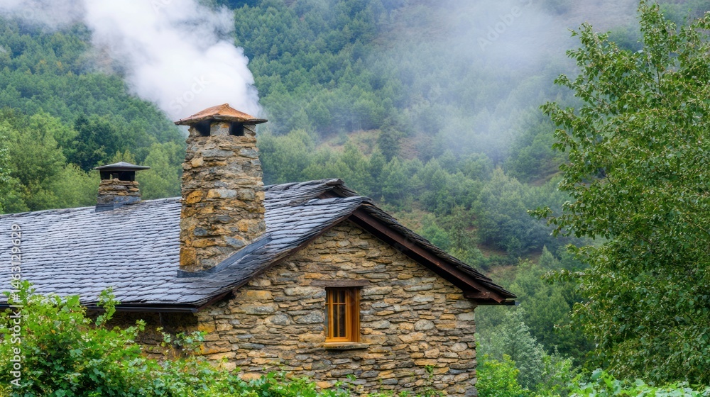Fototapeta premium Stone house chimney smoke mountain forest landscape
