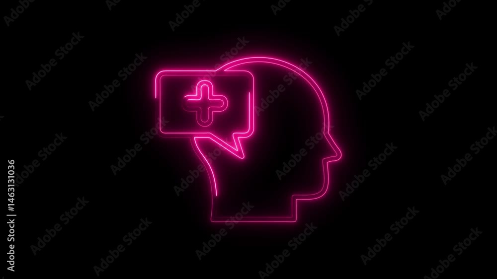 Neon head profile thinking of health and wellness with plus sign Neon head profile thinking of health and wellness with plus sign