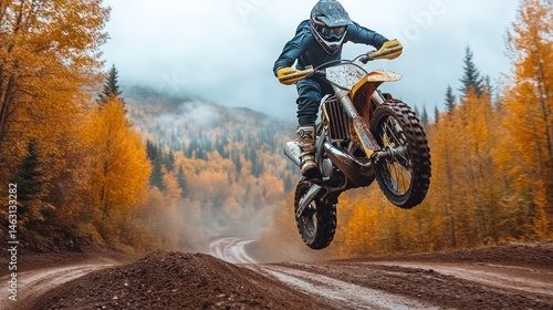 Motocross rider leaps over dirt track, autumn forest backdrop