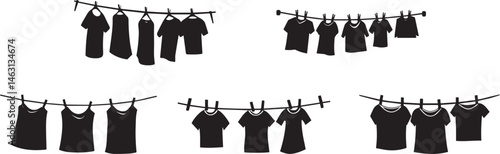 Silhouette Set of Shirts and Tops Hanging on Clotheslines Laundry and Drying Concept