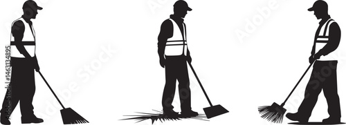 Silhouette of Street Workers Sweeping with Brooms Wearing Safety Vests Cleaning Concept