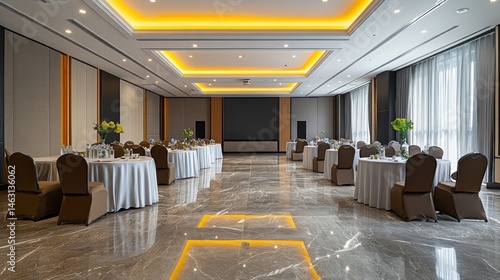 Elegant banquet hall setup with tables and floral decor