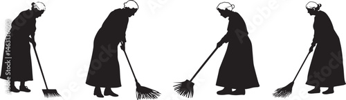 Silhouette of Women Sweeping with Brooms in Traditional Dress Vintage Housekeeping Concept