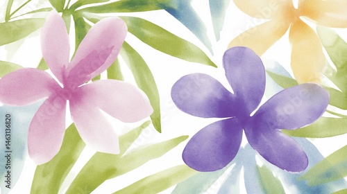 Pastel floral pattern with tropical leaves.  Soft watercolor style