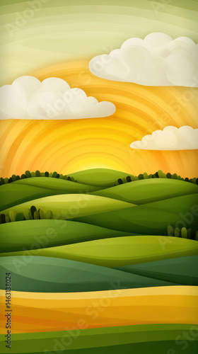Summer Solstice nature, Colorful cartoon landscape with rolling hills and vibrant sky creates serene atmosphere