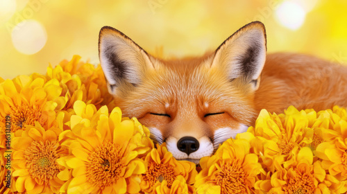 Summer Solstice nature, Cute fox peacefully sleeps among vibrant yellow flowers, creating serene and joyful scene