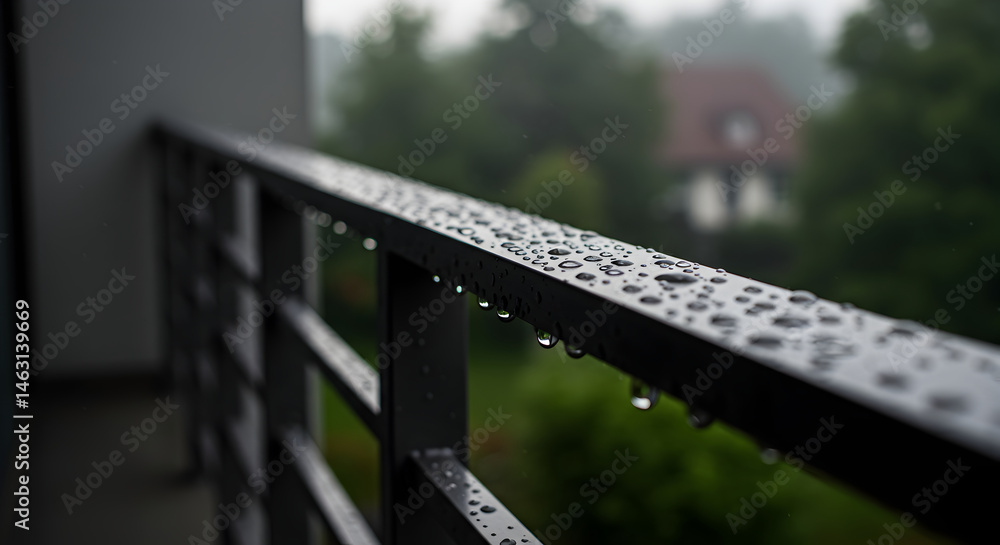 Fototapeta premium Raindrops Cascade On Railing In Muted Tones With Residential View