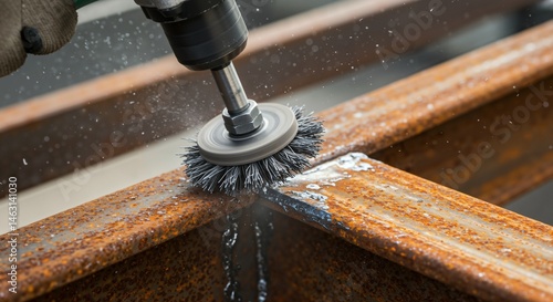 Close-up of a gloved hand operating a power drill with a wire brush attachment, actively removing thick rust from aged metal I-beams.