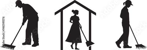 Silhouette of Men and Women Sweeping Indoors and Outdoors Cleaning and Housekeeping Concept