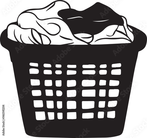 Silhouette of Laundry Basket Full of Clothes Washing and Housekeeping Chores Concept