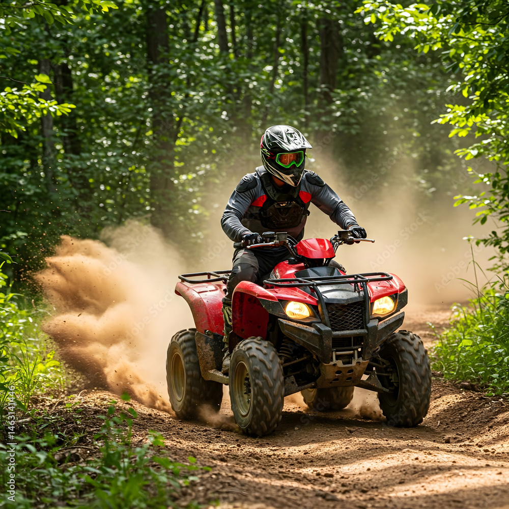 A person on a red quad bike rides on a dusty trail through a forest, kicking up dust behind the vehicle A person on a red quad bike rides on a dusty trail through a forest, kicking up dust behind the vehicle