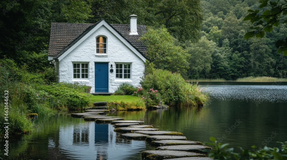 Fototapeta premium Tranquil cottage by a serene lake