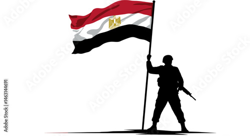The image depicts silhouetted soldiers proudly holding the Egyptian flag, symbolizing strength, pride, and national defense.