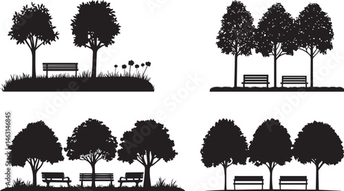 Silhouette Collection of Park Benches Under Trees Relaxing Outdoor Nature Scene Set