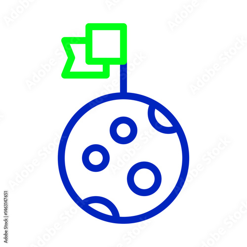 Blue celestial body with green flag icon, representing space exploration