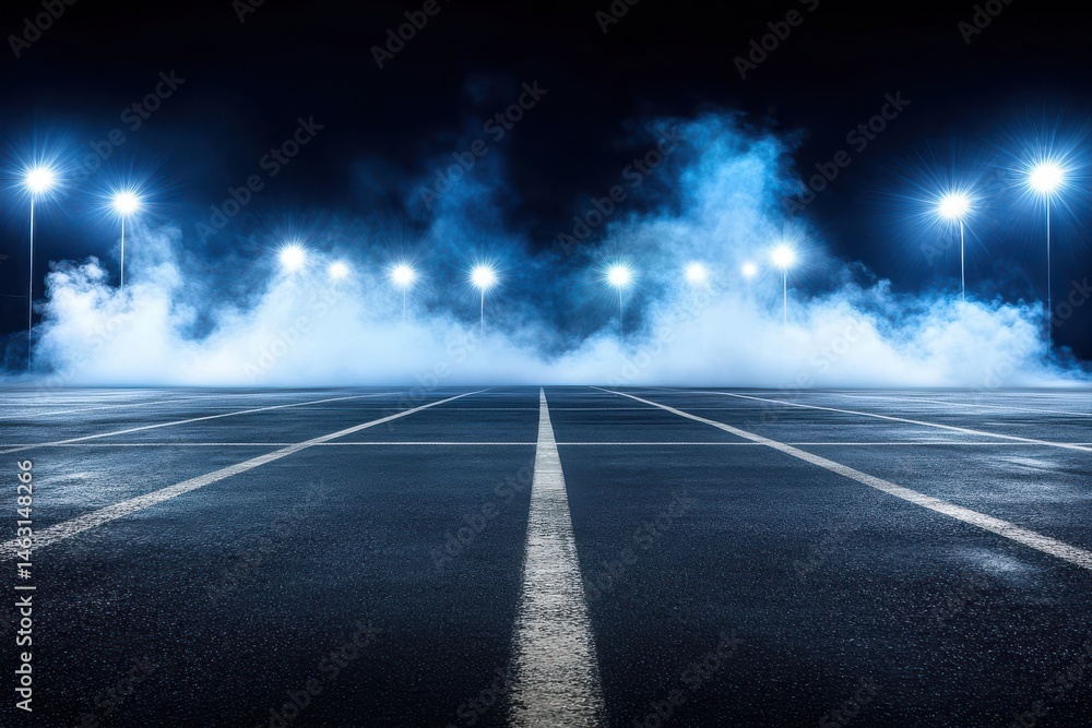 Empty parking lot at night, illuminated by spotlights and fog. The asphalt is dark gray, and white lines mark parking spaces. A thick layer of blue-white fog fills the background Empty parking lot at night, illuminated by spotlights and fog. The asphalt is dark gray, and white lines mark parking spaces. A thick layer of blue-white fog fills the background