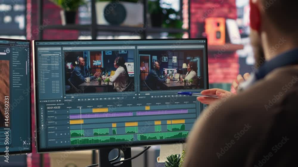 Video editors team working with AI chatbot and montage maker software, editing a background video and mixing clips on dual monitors. Professional man and woman in creative process. Camera B.