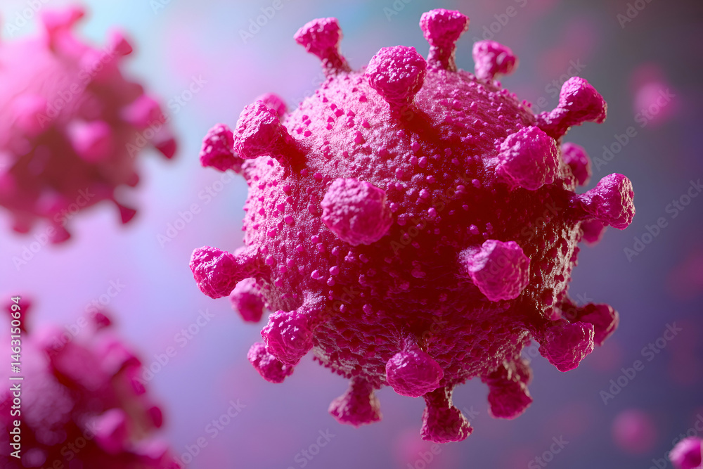 Microscopic view of a vibrant pink coronavirus, detailed 3D rendering, scientific illustration. Microscopic view of a vibrant pink coronavirus, detailed 3D rendering, scientific illustration.