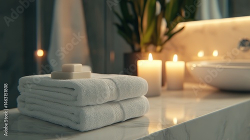 Luxurious spa setting with neatly folded white towels candles and relaxing ambiance in calming bathroom with soft lighting and elegant decor for relaxation