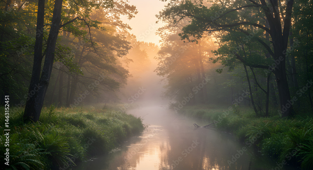 Fototapeta premium Misty Morning River Scene Through Forest Trees With Sunlight Shining Through