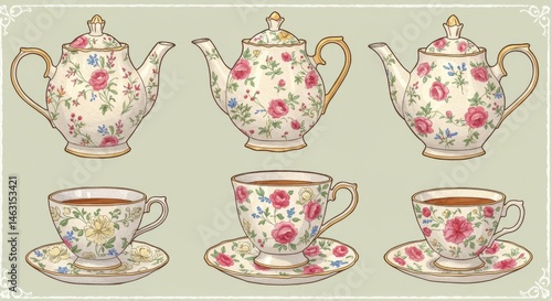 Vintage floral tea set illustration collection in pastel colors.