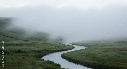 Misty River Valley Landscape With Atmospheric Perspective And Green Fields