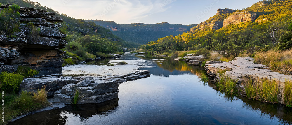 Fototapeta premium Serene River Valley Landscape With Reflections