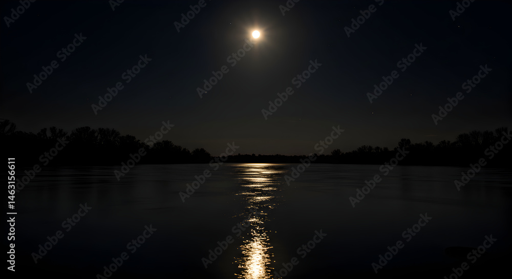 Obraz premium Moonlight Shimmers On Calm Water Surface During the Tranquil Night