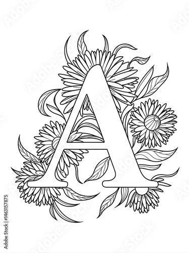 Number A Flower Monogram – Coloring Page Design