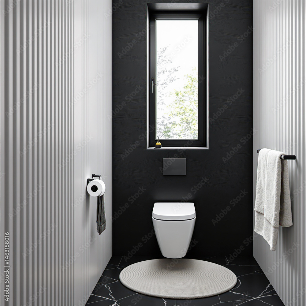Obraz premium A modern, minimalist bathroom features a white toilet against dark gray walls.