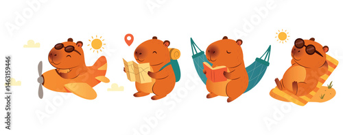 set of cartoon capybara illustrations on vacation flying an airplane, hiking with a map, relaxing in a hammock, and sunbathing. Perfect for travel-themed designs, , stickers, and summer merchandise